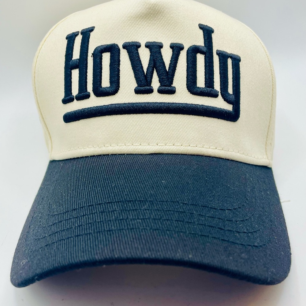 Howdy Embroidered 2 Tone Trucker Hat - Cream & Black. Cowboy Image on Side